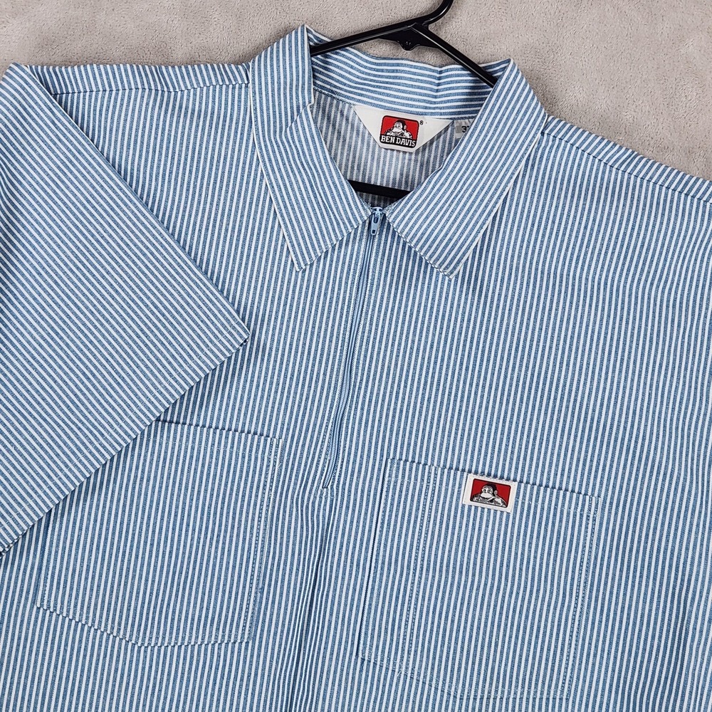 Ben Davis Shirt Mens 3XL Blue Stripe Short Sleeve Zip Front Twill Workwear